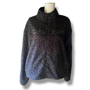 Bebe Sport Full Zip Fleece Logo cheetah print jacket M black gray pockets toggle